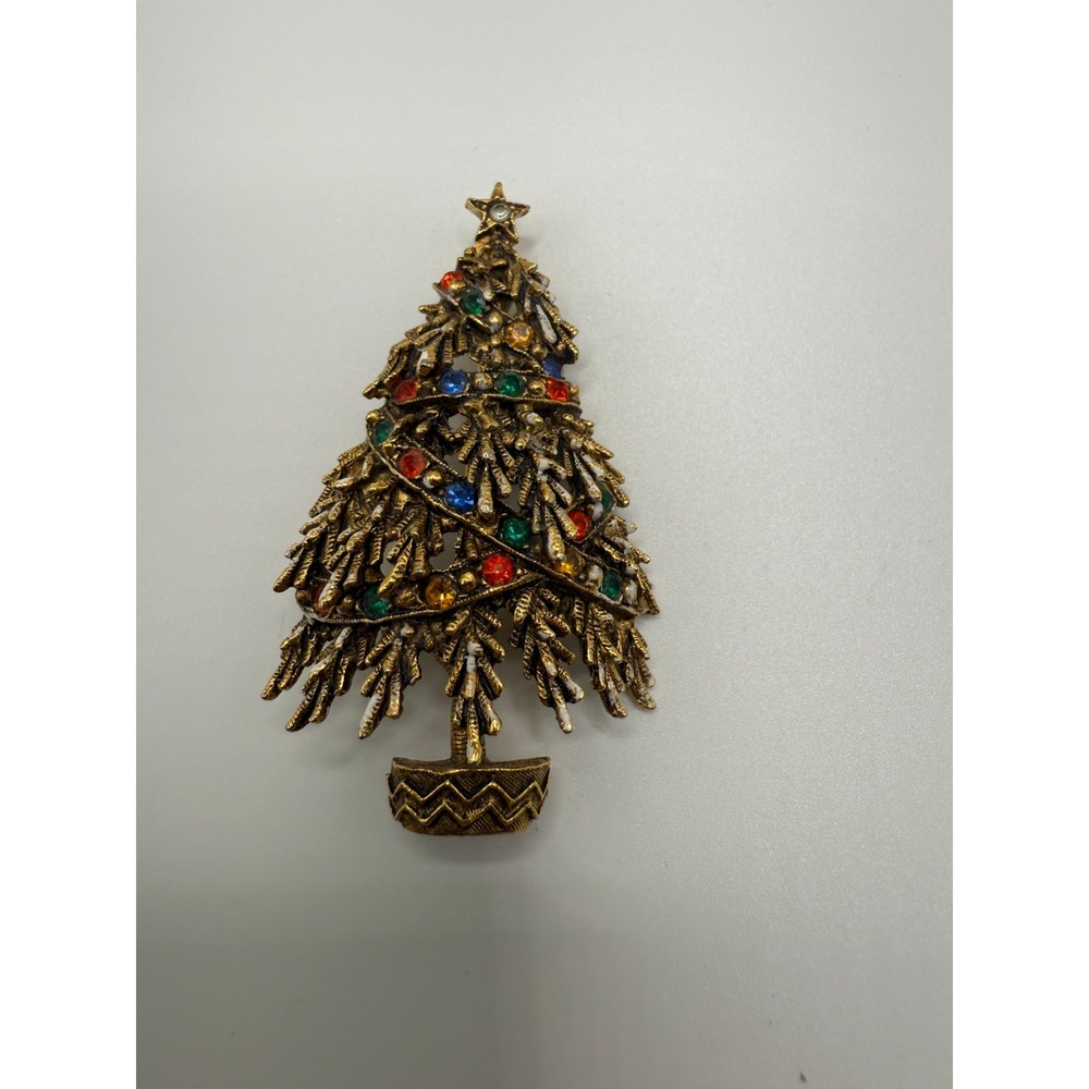 Vintage Christmas Tree Brooch Pin Rhinestones Multicolor Signed ART